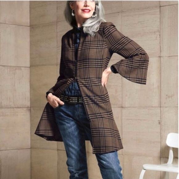 Cabi Flounce Zip Front Jacket size Small Longline Brown Navy Blue Plaid 3902 - Picture 1 of 9